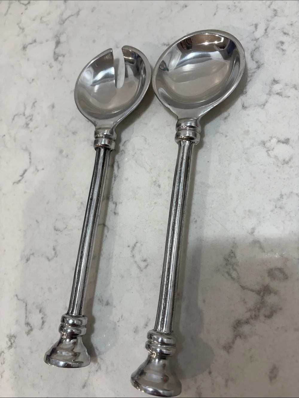 Polished Silver Salad Serving Spoon and Fork Set - Stainless Look